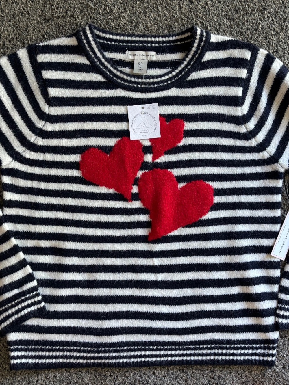 Cupcakes and cashmere striped triple heart sweater